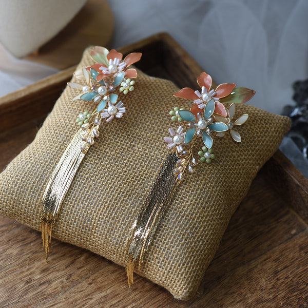 Handmade orange Flower Girls Tassels Earring