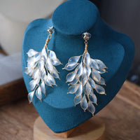 Beige Handmade Resin Leaves Long Earrings