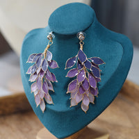 Purple Handmade Resin Leaves Long Earrings