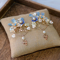 Classic Retro Blue Baroque earrings Handmade Rhinestone Ear Clip