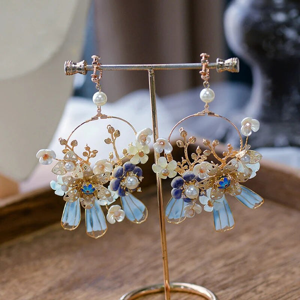 Classic Retro Blue Baroque earrings Handmade Rhinestone Ear Clip