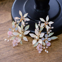 Gorgeous Handmade Pink Earrings Leaf Rhinestone Ear Clips