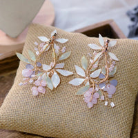 Gorgeous Handmade Pink Earrings Leaf Rhinestone Ear Clips