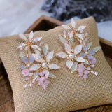 Gorgeous Handmade Pink Earrings Leaf Rhinestone Ear Clips