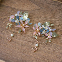 Gorgeous Pink&Blue Baroque Earrings Leaf Rhinestone Ear Clips