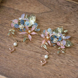 Gorgeous Pink&Blue Baroque Earrings Leaf Rhinestone Ear Clips