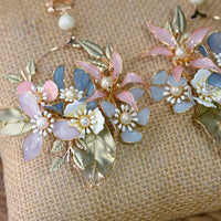 Gorgeous Pink&Blue Baroque Earrings Leaf Rhinestone Ear Clips