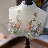 Gorgeous Pink&Blue Baroque Earrings Leaf Rhinestone Ear Clips