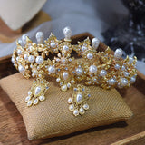 Baroque Golden Pearls Bridal Tiaras Crowns