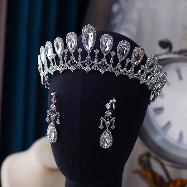 Elegant Drop-water Zircon Crystal Brides Headpieces with Earring