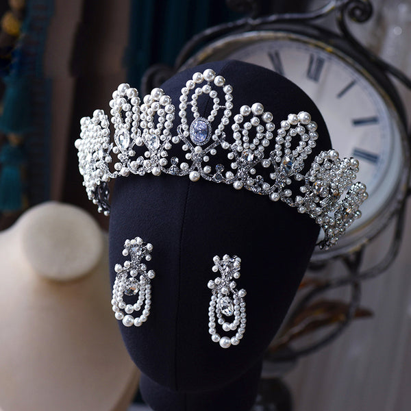 Elegant Zircon&Pearls Wedding Tiaras Crown set Headpieces