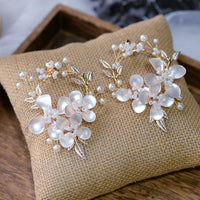 Retro Beige Flwoer Bridal Earrings Handmade Rhinestone Ear Clip