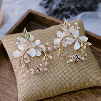 Retro Beige Flwoer Bridal Earrings Handmade Rhinestone Ear Clip