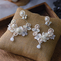 Girls Beige Pearls Brides Ear Clip Flower Wedding Prom Earrings