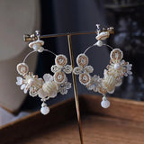 Girls Beige Pearls Brides Ear Clip Flower Wedding Prom Earrings