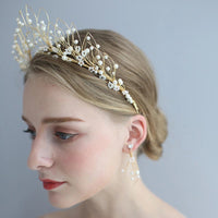 European Gold Pearls Brides Tiaras Headpieces set Bridal Crowns Wedding Hair Accessory G4169