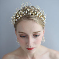 European Gold Pearls Brides Tiaras Headpieces set Bridal Crowns Wedding Hair Accessory G4169