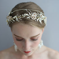 2T Flower Brides Hairbands with Earring Bridal Barrettes Headpieces