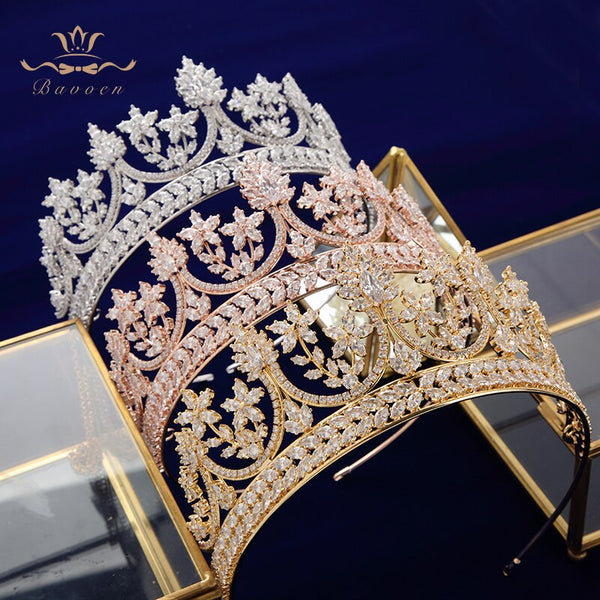 Royal Queen Rose Gold Tiaras Crowns for Brides Crystal Brides Hairbands Full Zircon Wedding Hair Accessories