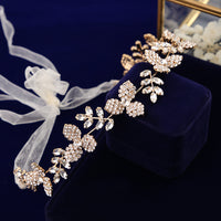 Crystal Soft Brides Hairbands Gold Long Tiaras Headbands with Ribbon Wedding Hair Accessories