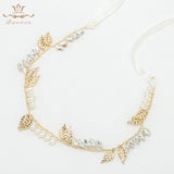 Sparkling Handmade Leaf Wedding Hair Accessories Bride Pearls Headbands Fashion Gold Bridal Tiaras Headpiece For Bride