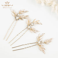 3 pics/ lot Elegant Gold Woman Hair Clips for Brides Leaves Crystal Bridals Hair pins Wedding Hair Accessory