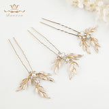 3 pics/ lot Elegant Gold Woman Hair Clips for Brides Leaves Crystal Bridals Hair pins Wedding Hair Accessory