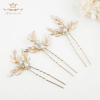 3 pics/ lot Elegant Gold Woman Hair Clips for Brides Leaves Crystal Bridals Hair pins Wedding Hair Accessory