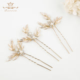 3 pics/ lot Elegant Gold Woman Hair Clips for Brides Leaves Crystal Bridals Hair pins Wedding Hair Accessory