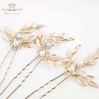 3 pics/ lot Elegant Gold Woman Hair Clips for Brides Leaves Crystal Bridals Hair pins Wedding Hair Accessory