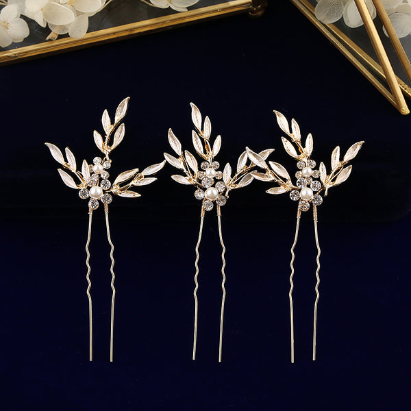 3 pics/ lot Elegant Gold Woman Hair Clips for Brides Leaves Crystal Bridals Hair pins Wedding Hair Accessory