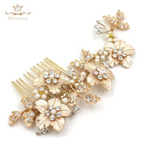 Woman Gold Leaves Hair Combs European Nature Pearls Hairbands Flower Hair Sticks Crystal Wedding Dress Hair Accessories