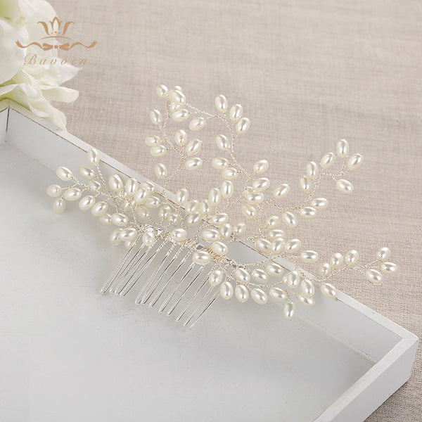 Full Handmade Brides Pearls Hair Combs Silver Hair Sticks Wedding Hair Accessory