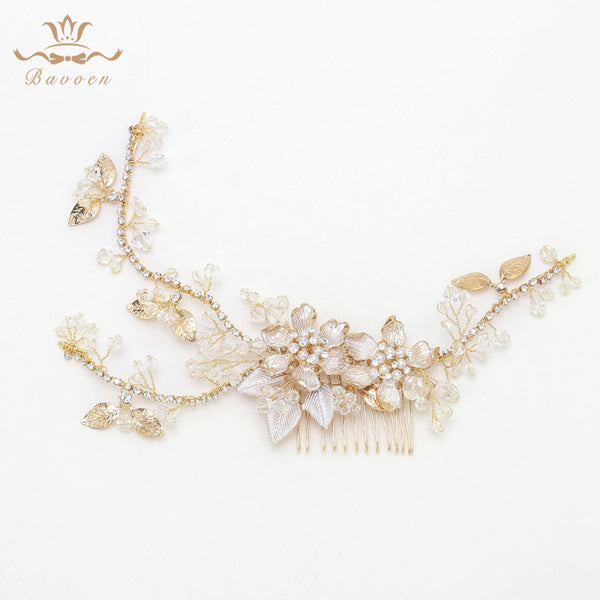 Sparkling Gold Long Crystal Brides Hair Combs Flower Hairbands Fashion Hair Sticks For Bridal Wedding Hair Accessories