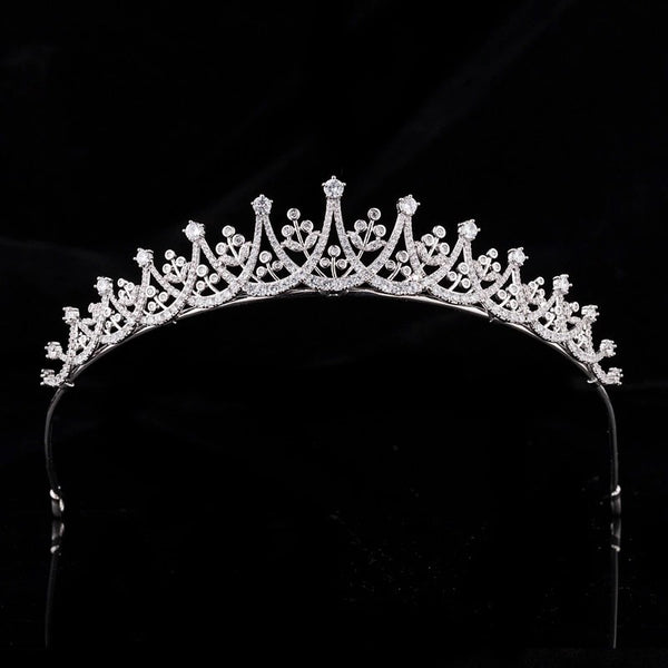 Simple Bridal Cubic Zircon Crystal Silver Tiara Crown Headpieces Wedding Headdress