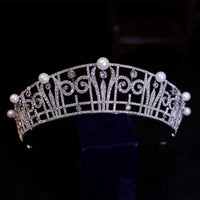 Royal Pearls Bridal Cubic Zircon Crystal Silver Tiara Crown Wedding Headdress