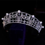 Royal Pearls Bridal Cubic Zircon Crystal Silver Tiara Crown Wedding Headdress