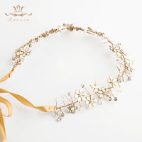 Gold Wedding Headbands Korean Flower Brides Hairbands with ribbon Bridal Soft Crystal Tiara Pearls Hair Jewelry