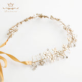 Gold Wedding Headbands Korean Flower Brides Hairbands with ribbon Bridal Soft Crystal Tiara Pearls Hair Jewelry