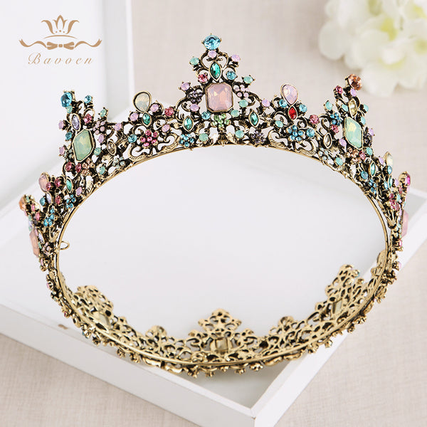 Bavoen Colorful Baroque Brides Round Tiara Crown with Red Rhinestone European Bridal Hairbands Wedding Hair Accessories