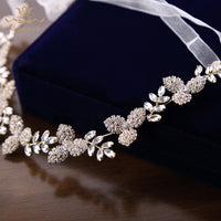 Crystal Soft Brides Hairbands Gold Long Tiaras Headbands with Ribbon Wedding Hair Accessories