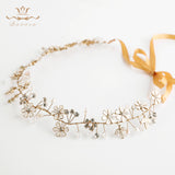 Gold Wedding Headbands Korean Flower Brides Hairbands with ribbon Bridal Soft Crystal Tiara Pearls Hair Jewelry