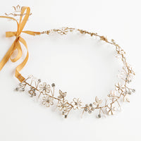 Gold Wedding Headbands Korean Flower Brides Hairbands with ribbon Bridal Soft Crystal Tiara Pearls Hair Jewelry