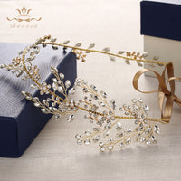 Adjust Gold Crystal Brides Hairbands Long Tiaras Headpiece with Ribbon Wedding Hair Accessories