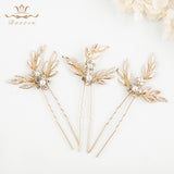 3 pics/ lot Elegant Gold Woman Hair Clips for Brides Leaves Crystal Bridals Hair pins Wedding Hair Accessory