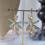 Elegant Blue Leaves Brides Handmade Long Earrings