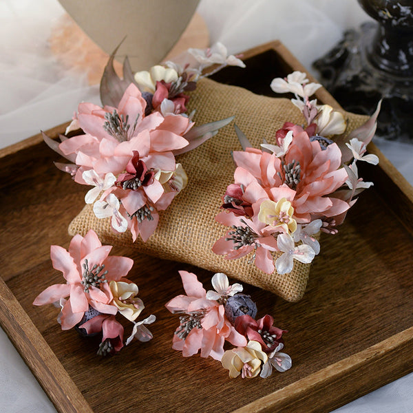 Sweet pink Flwoer Bridal Hairpins with Earring Barrettes