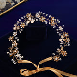 Romantic Wedding Headbands Korean Flower Brides Hairbands with ribbon Bridal Soft Crystal Tiara Pearls Hair Jewelry