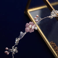 Korean Pink Flower Brides Hairbands with Ribbon Bridal Headbands Crystal Evening Hair Jewelry Wedding Hair Accessory