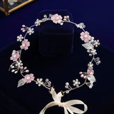 Korean Pink Flower Brides Hairbands with Ribbon Bridal Headbands Crystal Evening Hair Jewelry Wedding Hair Accessory